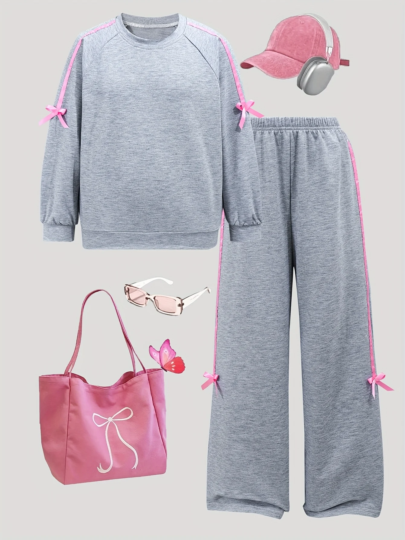 Girls Bow Solid Sweatshirt Wide Leg Pants 2-Piece Set Fall - SPUID 8452964609