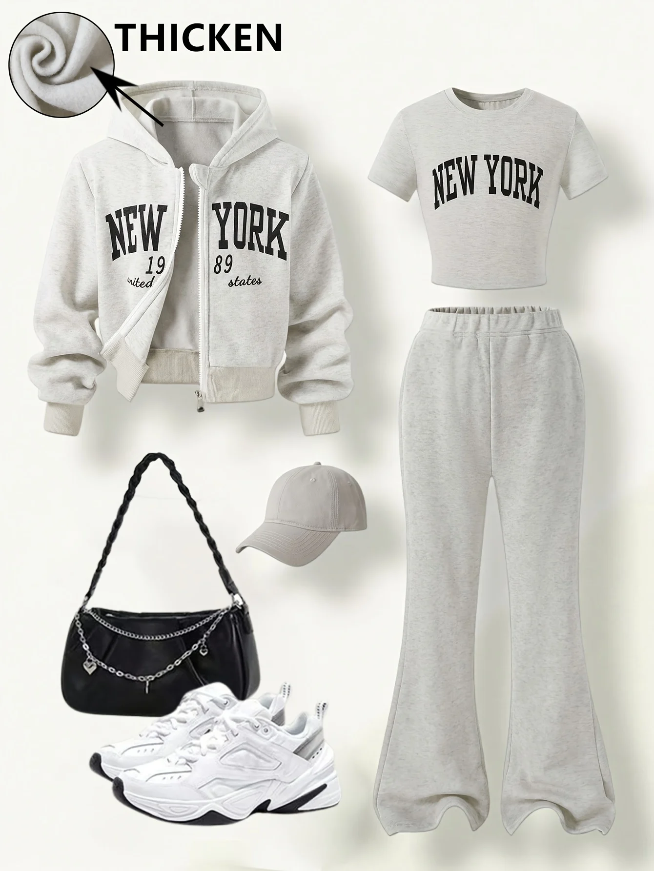 Girls Letter Print Warm Jacket T-Shirt Flare Pants 3-Piece Set Fall Winter