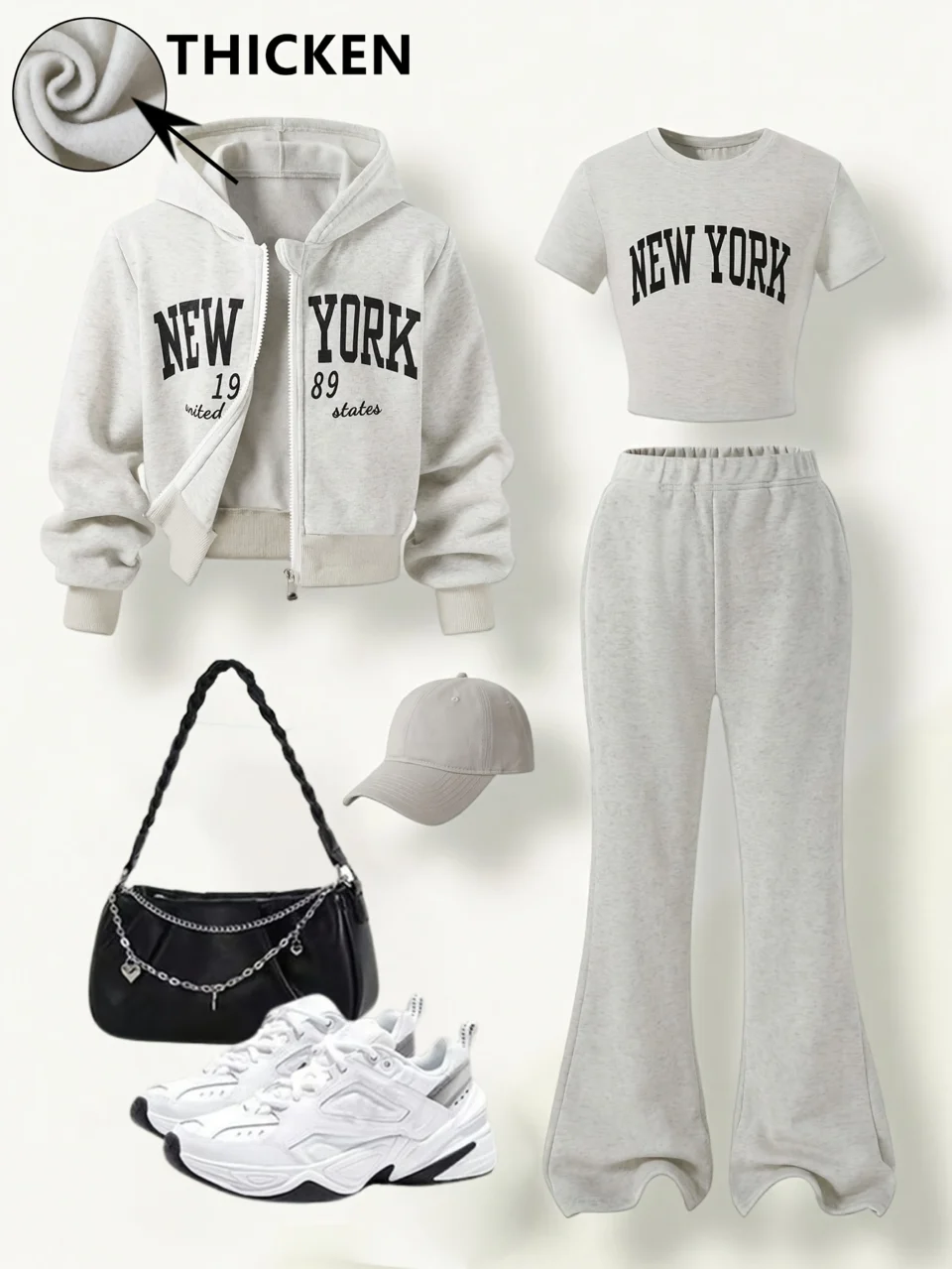 Girls Letter Print Warm Jacket T-Shirt Flare Pants 3-Piece Set Fall Winter