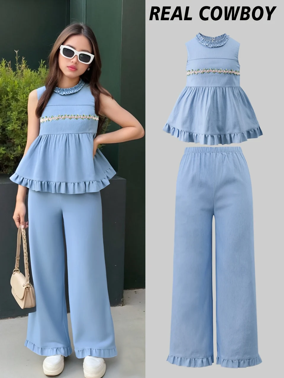 Girls Denim Ruffle Denim Top Jeans 2-Piece Set All Season