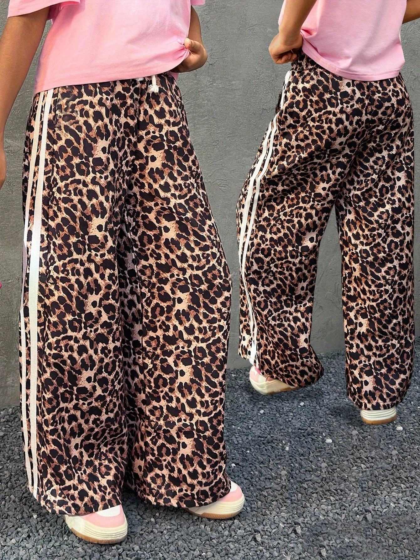 Girls Leopard Print Loose Fit Leopard Wide Leg Pants Spring Summer
