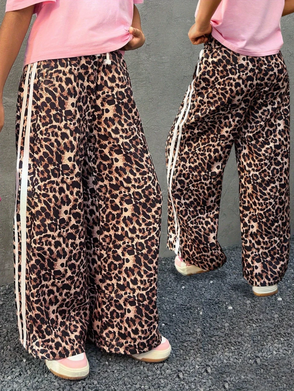 Girls Leopard Print Loose Fit Leopard Wide Leg Pants Spring Summer