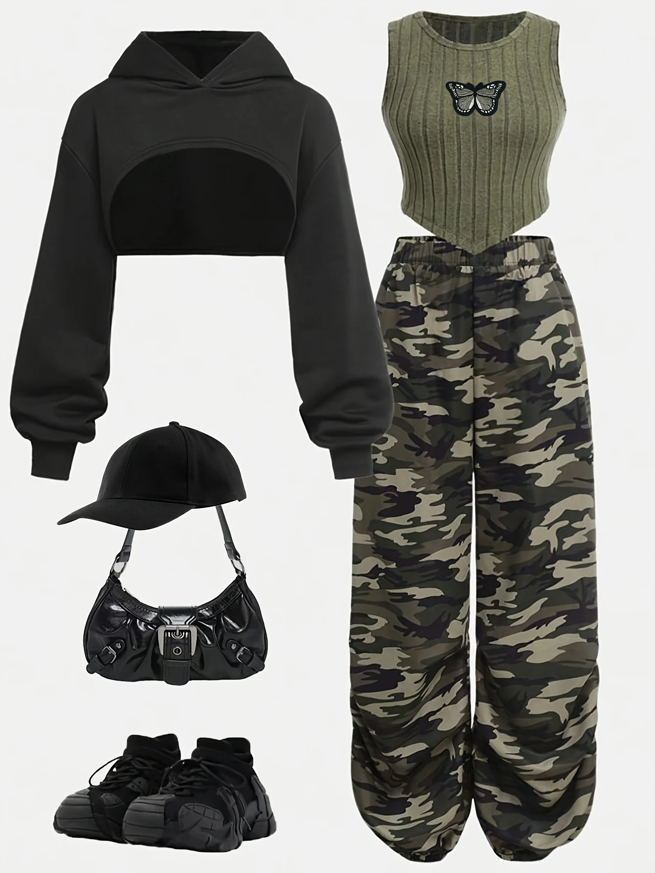 Girls Camouflage Streetwear Hoodie Cami Cargo Pants 3-Piece Set Fall Winter
