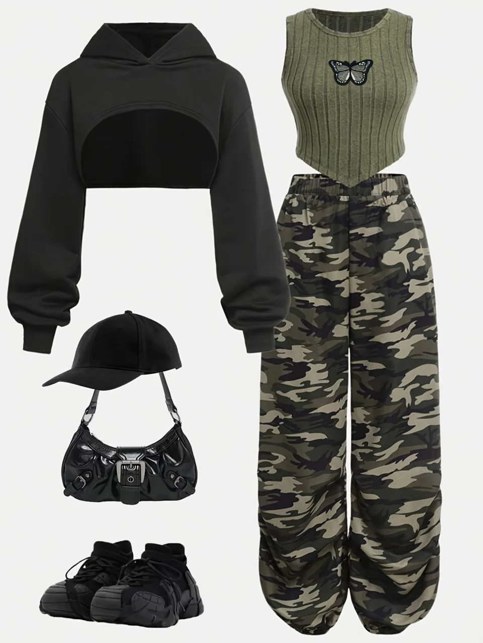 Girls Camouflage Streetwear Hoodie Cami Cargo Pants 3-Piece Set Fall Winter