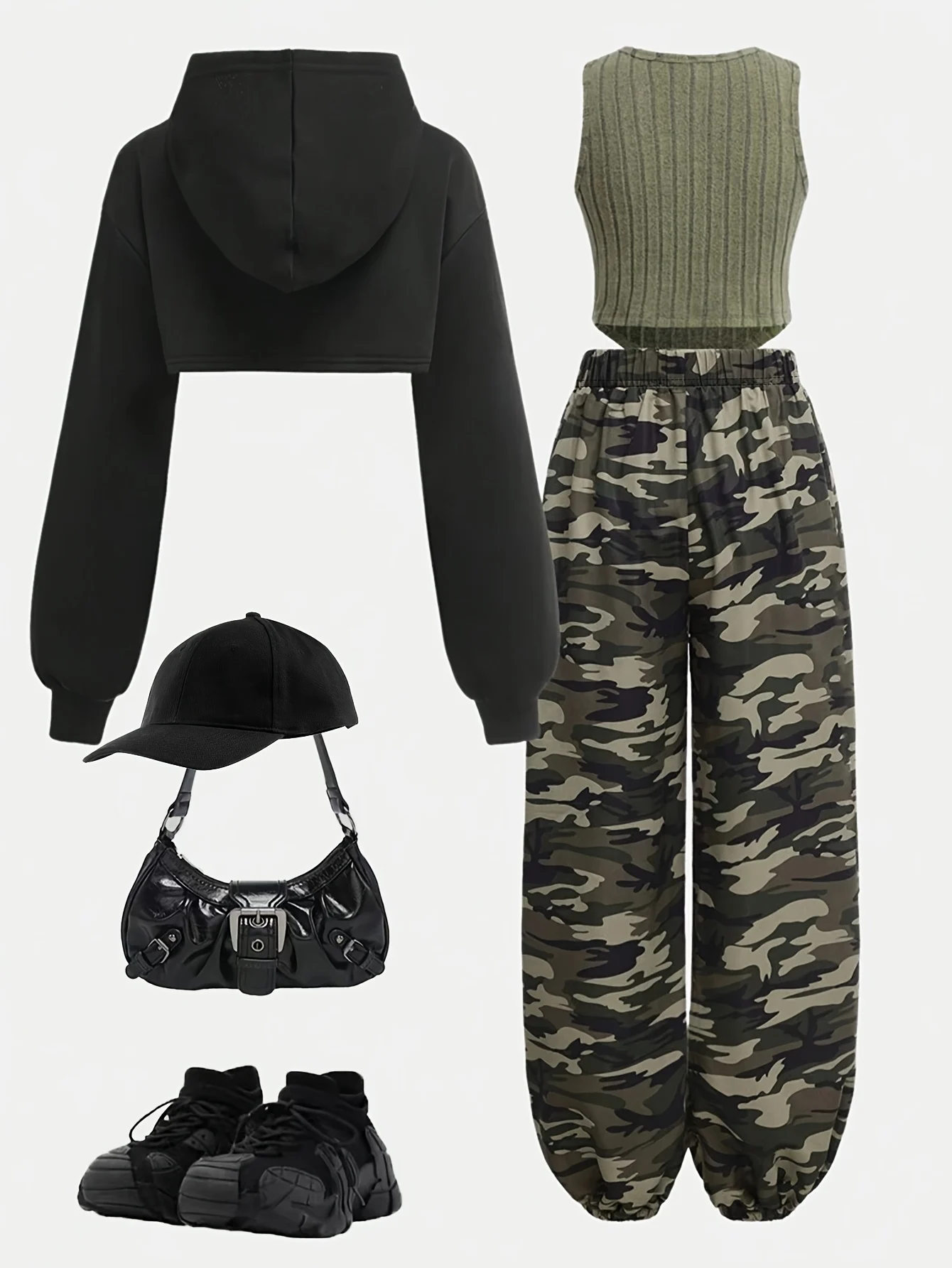 Detail 1 of Girls Camouflage Streetwear Hoodie Cami Cargo Pants 3-Piece Set Fall Winter by LUNORIANA