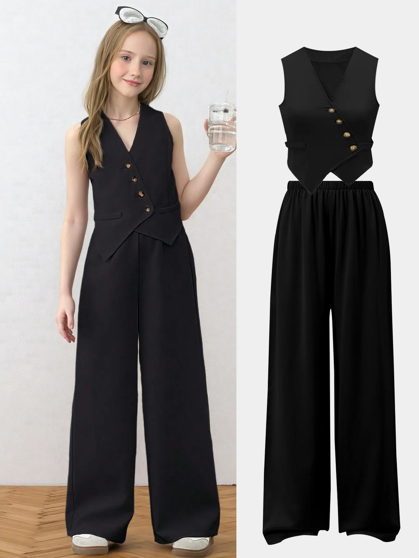 Girls Asymmetrical Solid Blazer Vest Pants 2-Piece Set Spring Summer