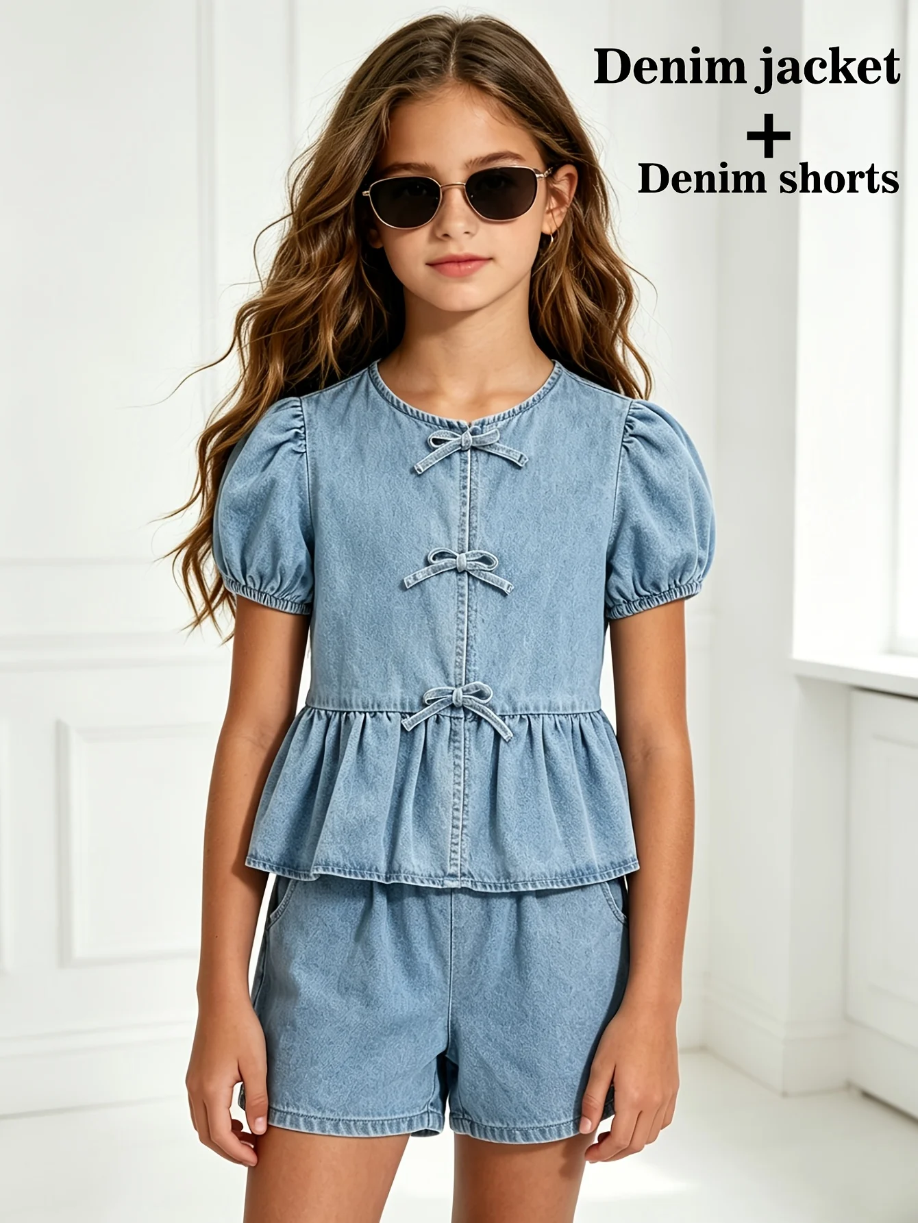 Girls Bow Denim Denim Top Shorts 2-Piece Set Spring Summer