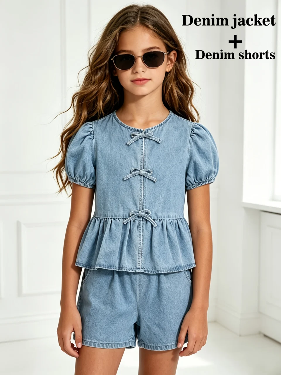 Girls Bow Denim Denim Top Shorts 2-Piece Set Spring Summer