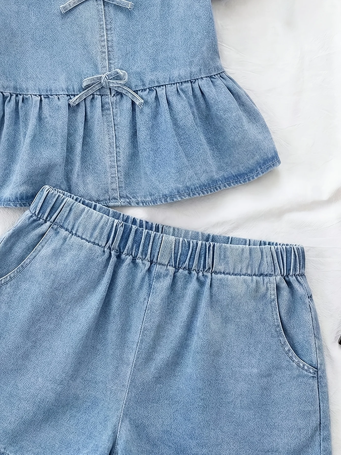 Detail 5 of Girls Bow Denim Denim Top Shorts 2-Piece Set Spring Summer by LUNORIANA