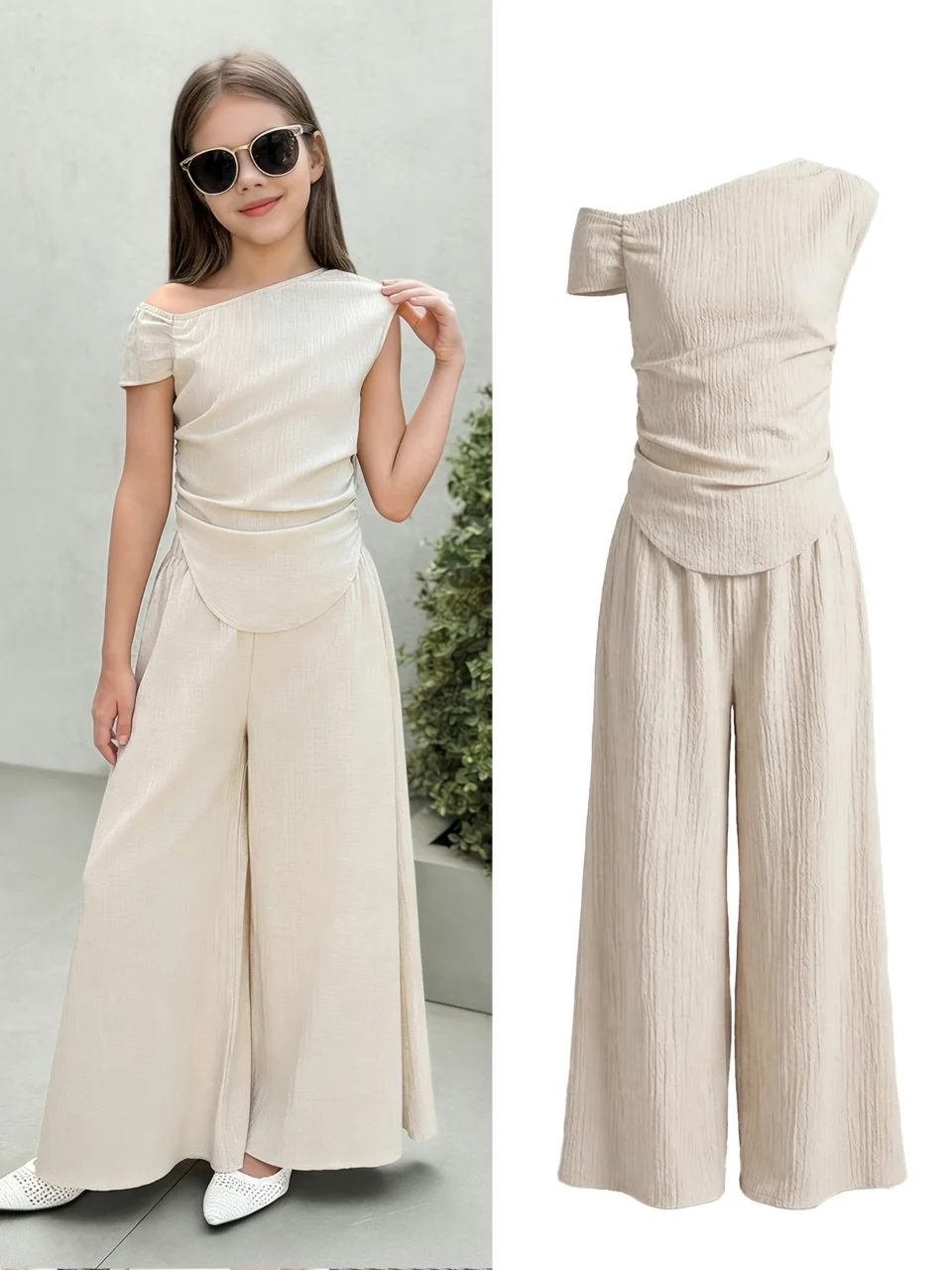 Girls Solid Asymmetrical Top Wide Leg Pants 2-Piece Set Spring Summer