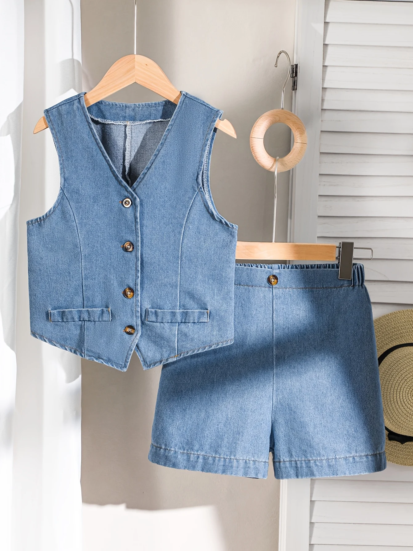 Detail 1 of Girls Solid Denim Denim Vest Shorts 2-Piece Set Spring Summer by LUNORIANA