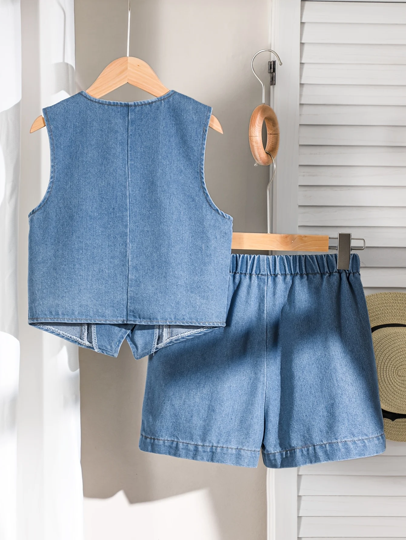 Detail 2 of Girls Solid Denim Denim Vest Shorts 2-Piece Set Spring Summer by LUNORIANA