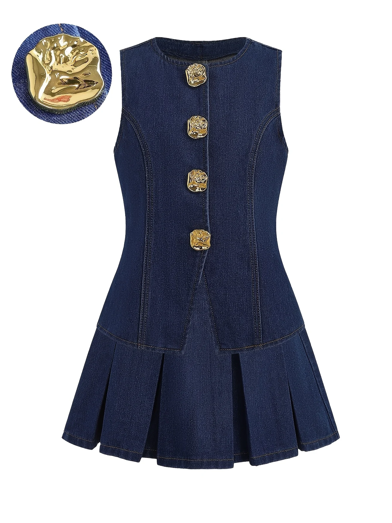 Detail 1 of Girls Button Preppy Denim Vest Pleated Skirt 2-Piece Set Fall by LUNORIANA