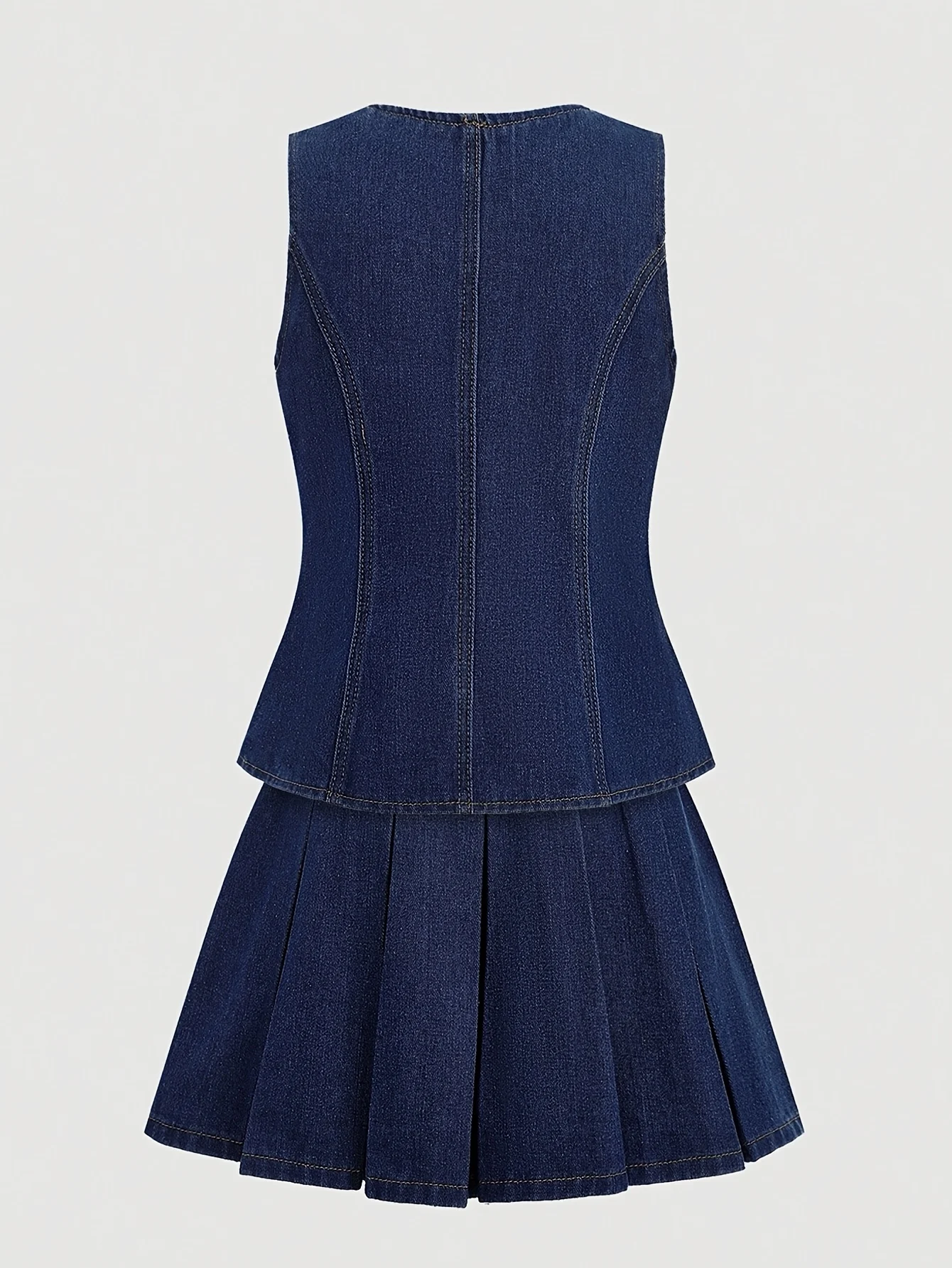 Detail 2 of Girls Button Preppy Denim Vest Pleated Skirt 2-Piece Set Fall by LUNORIANA