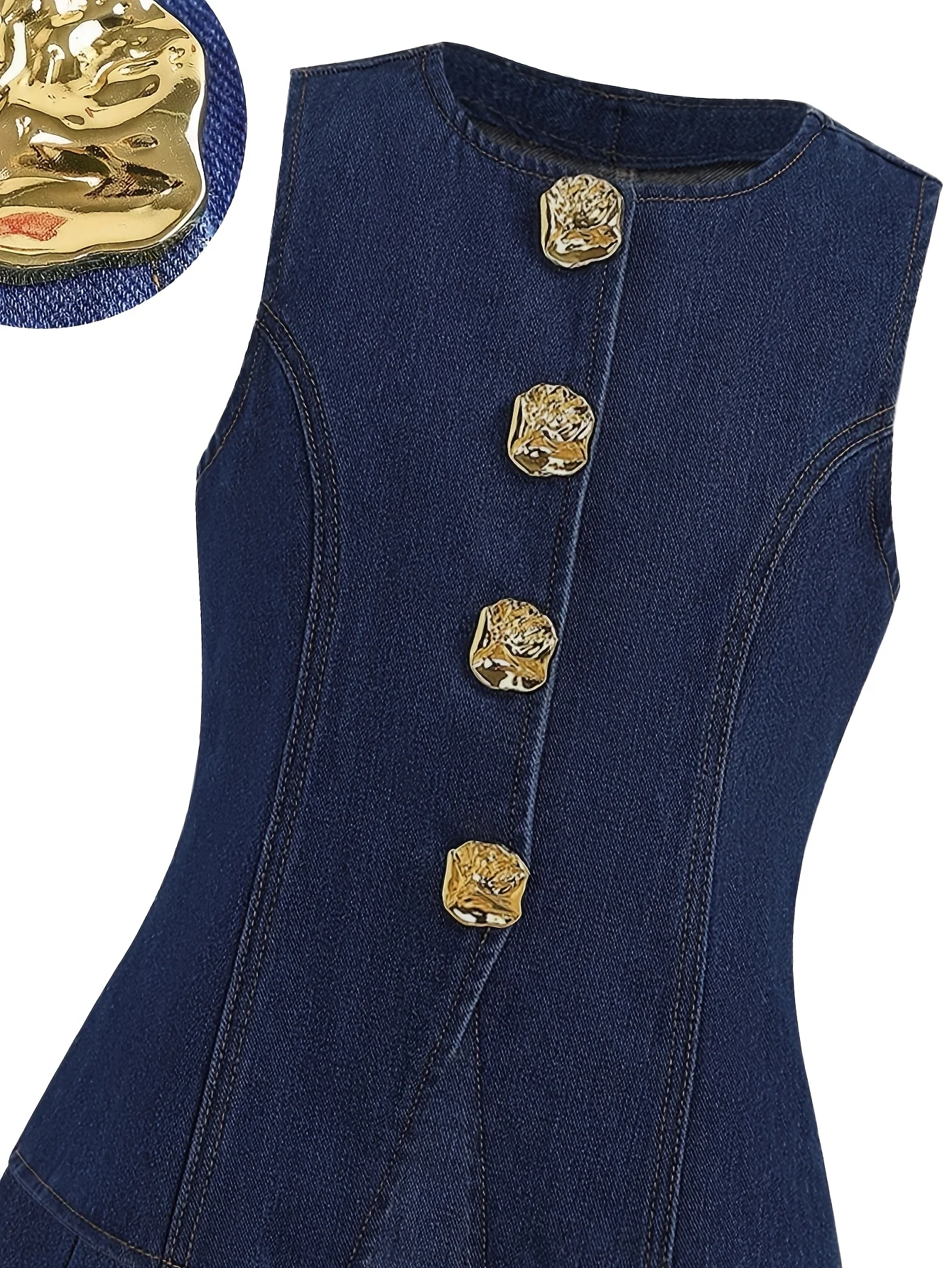 Detail 5 of Girls Button Preppy Denim Vest Pleated Skirt 2-Piece Set Fall by LUNORIANA