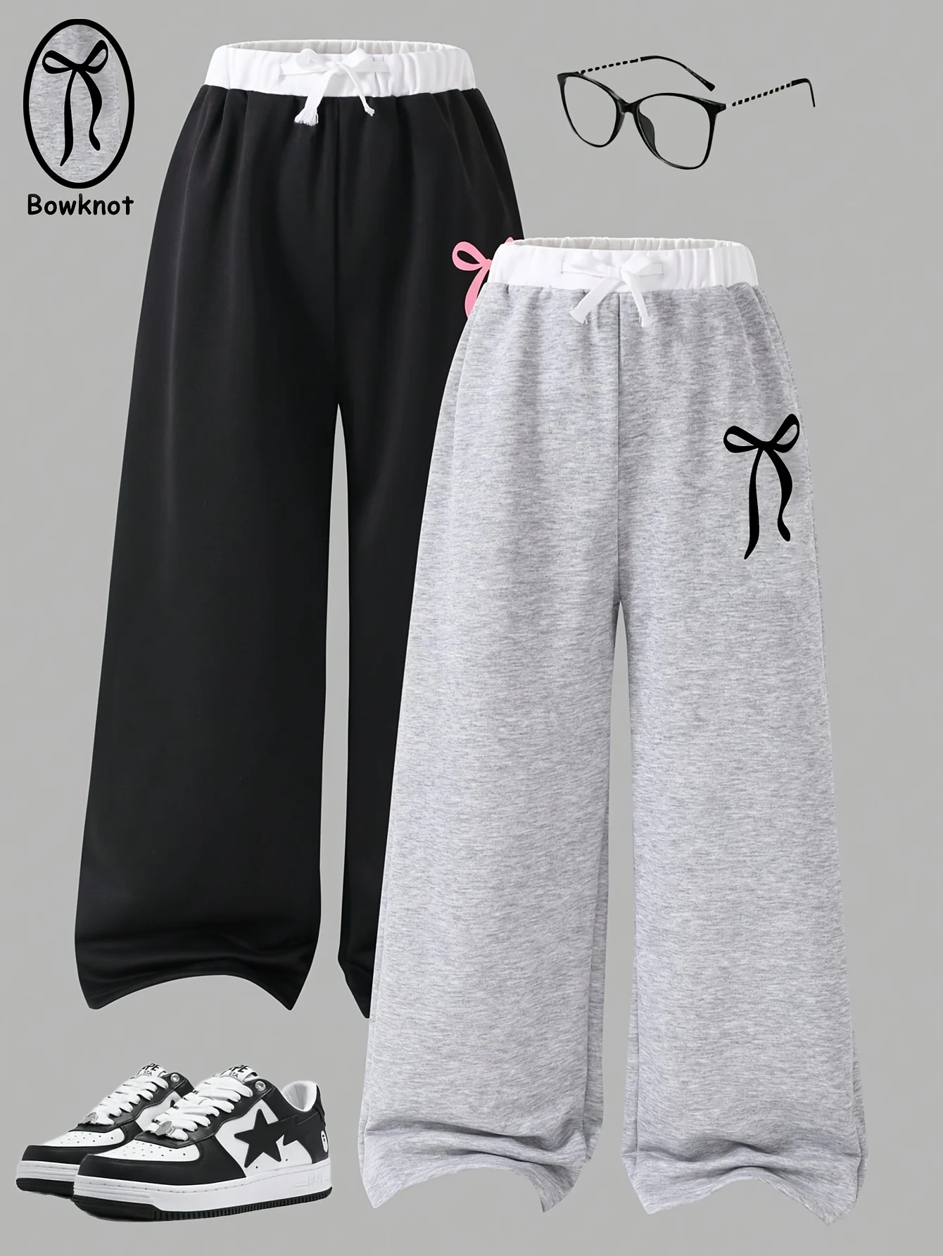 Girls Bow Print Contrast Waist Sweatpants Spring Summer