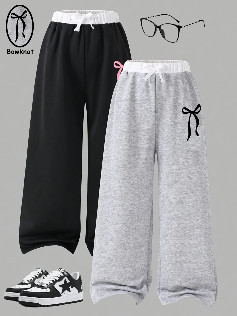 Girls Bow Print Contrast Waist Sweatpants Spring Summer