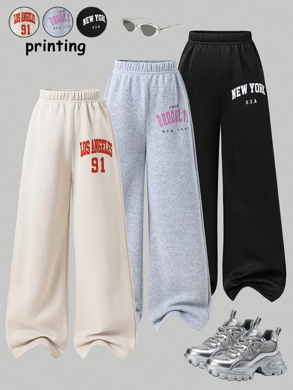 Girls Number Graphic Streetwear Wide Leg Pants Fall