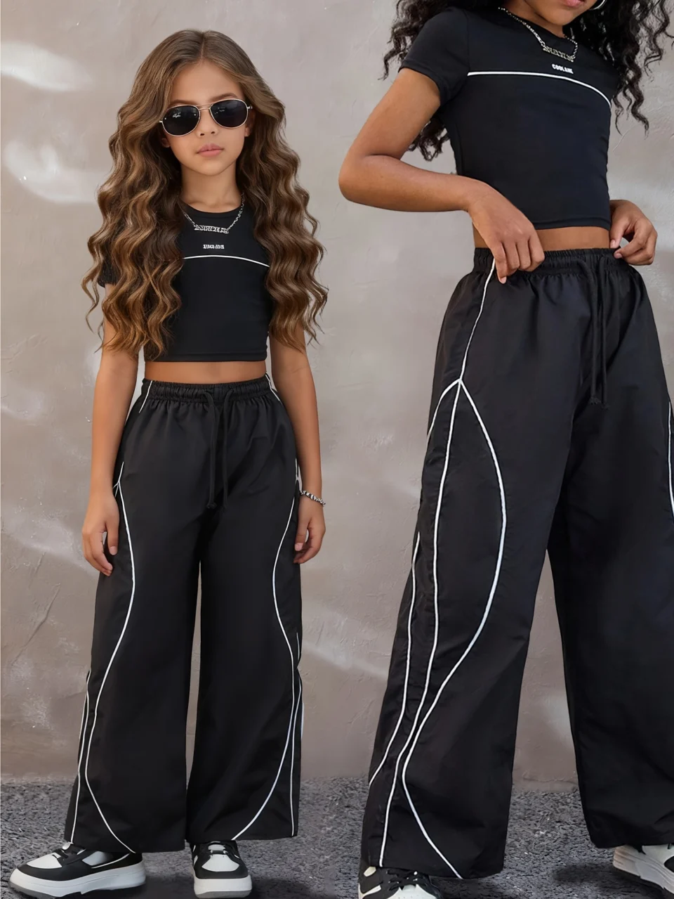 Girls Streetwear Contrast Trim T-Shirt Wide Leg Pants 2-Piece Set Spring Summer