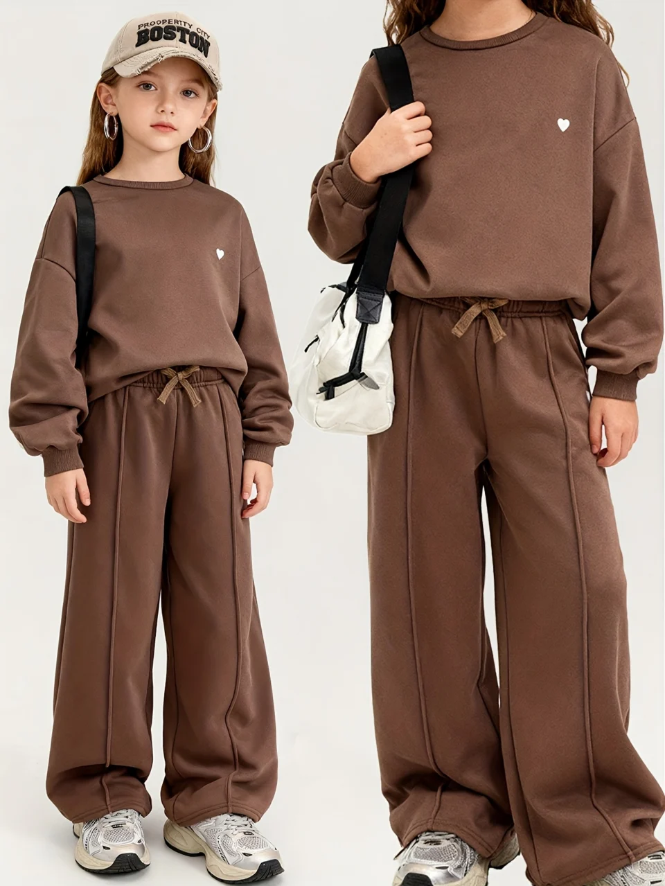 Girls Solid Streetwear Sweatshirt Wide Leg Pants 2-Piece Set Fall