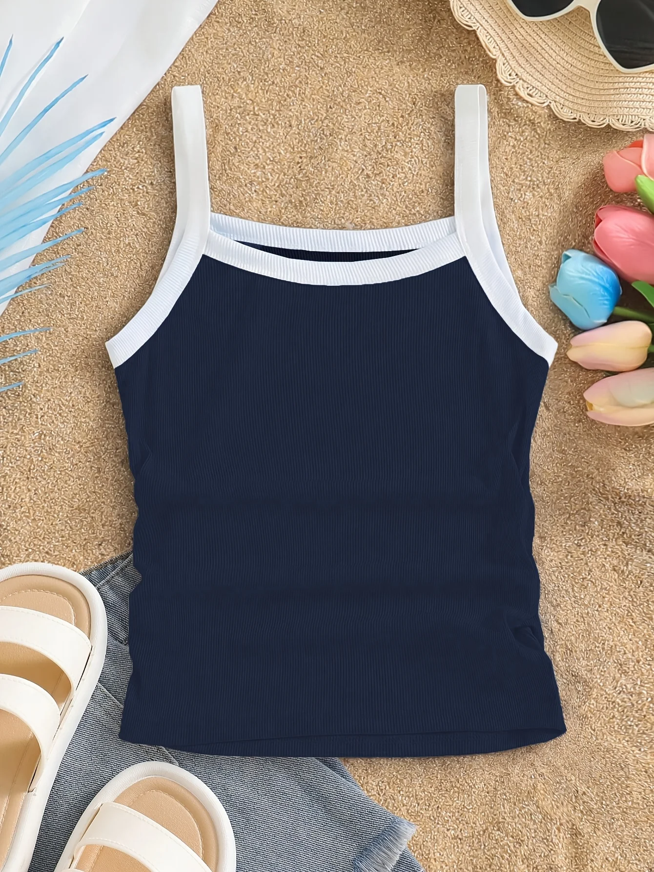 Detail 3 of Girls Contrast Trim Ribbed Cami Top Summer by LUNORIANA