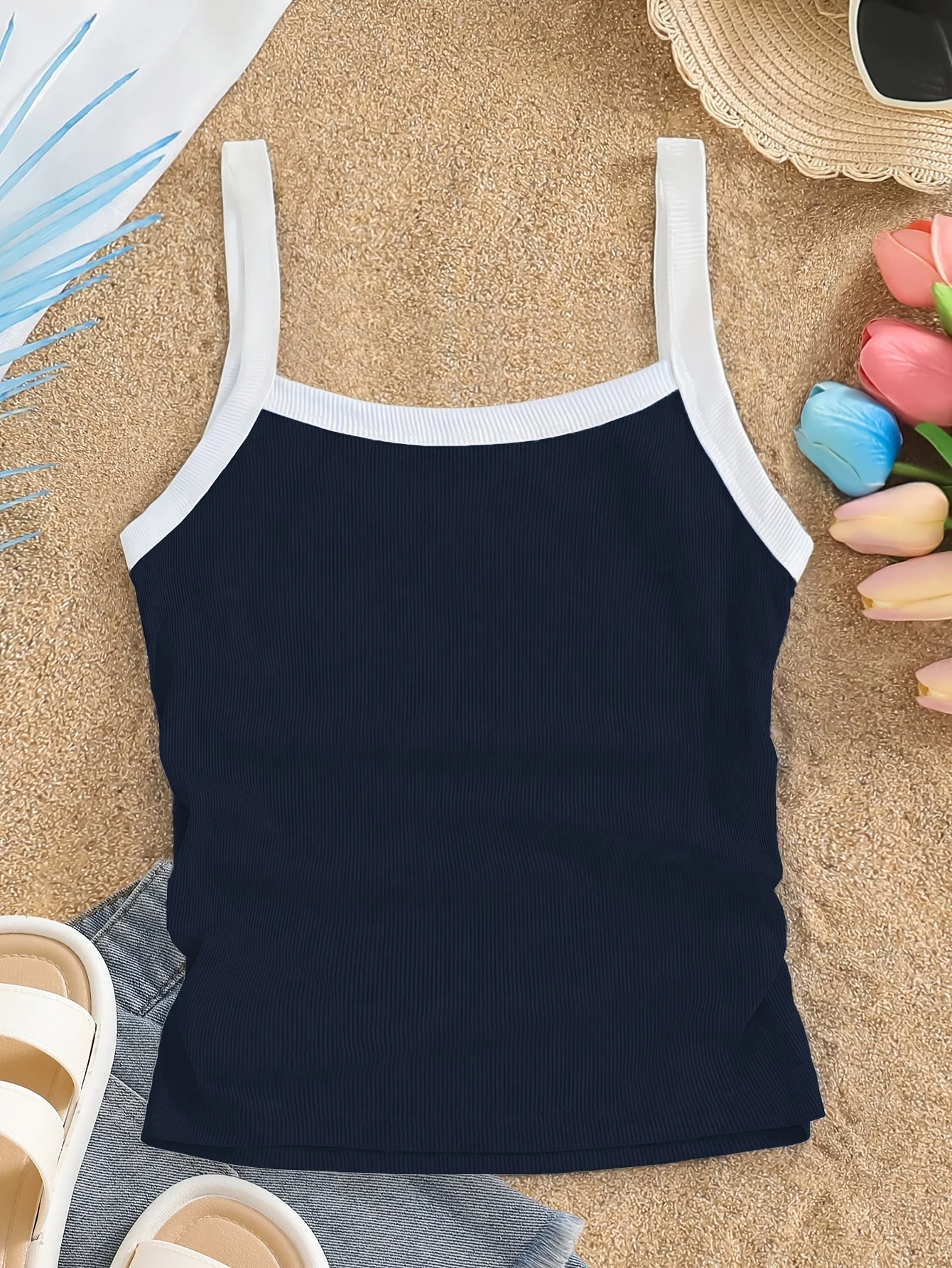 Girls Contrast Trim Ribbed Cami Top Summer