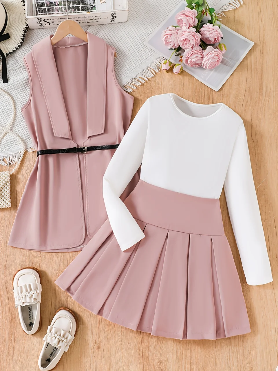 Girls Preppy Solid Blazer Vest Top Skirt 3-Piece Set Fall Winter