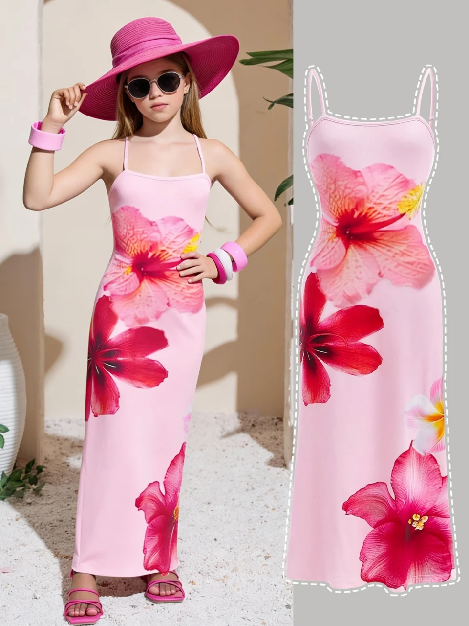 Girls Floral Vacation Style Floral Cami Dress Summer