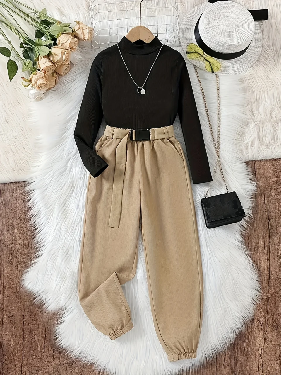 Girls Utility Solid Long Sleeve Top Cargo Pants 2-Piece Set Spring Summer