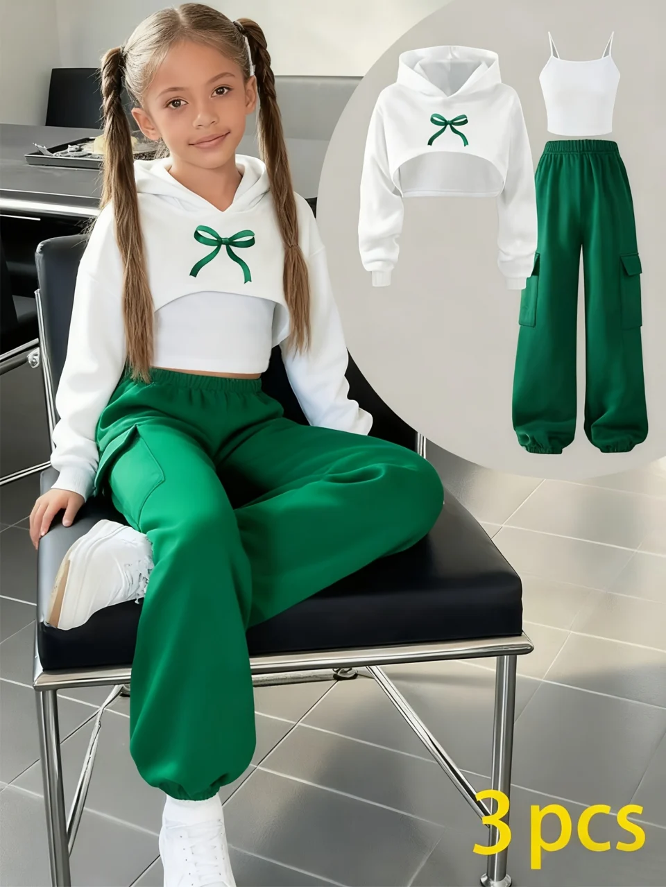 Girls Bow Print Streetwear Hoodie Cami Jogger Pants 3-Piece Set Spring Summer