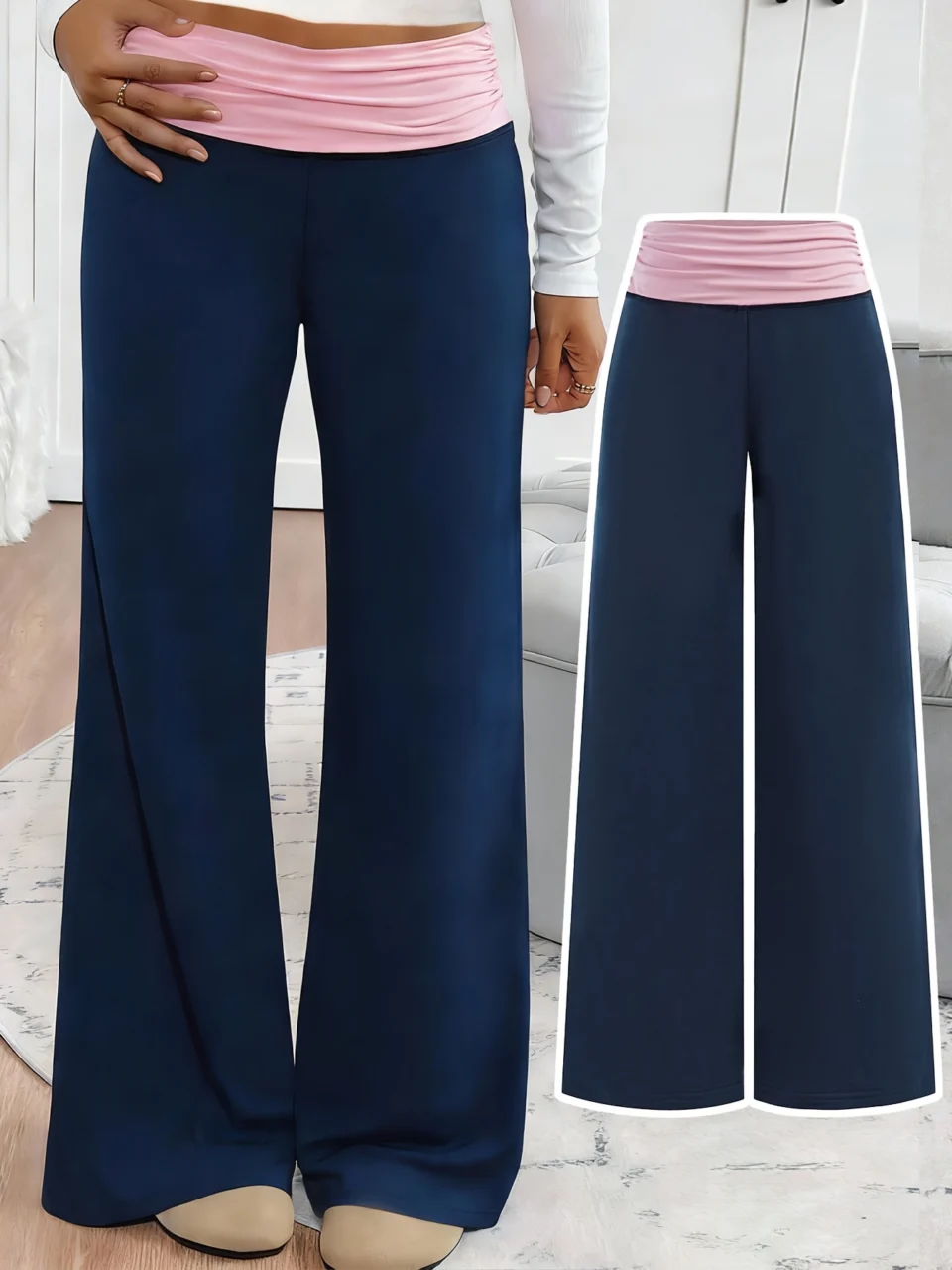 Girls Contrast Waist Streetwear Wide Leg Sweatpants Spring Summer - SPUID 7552106074
