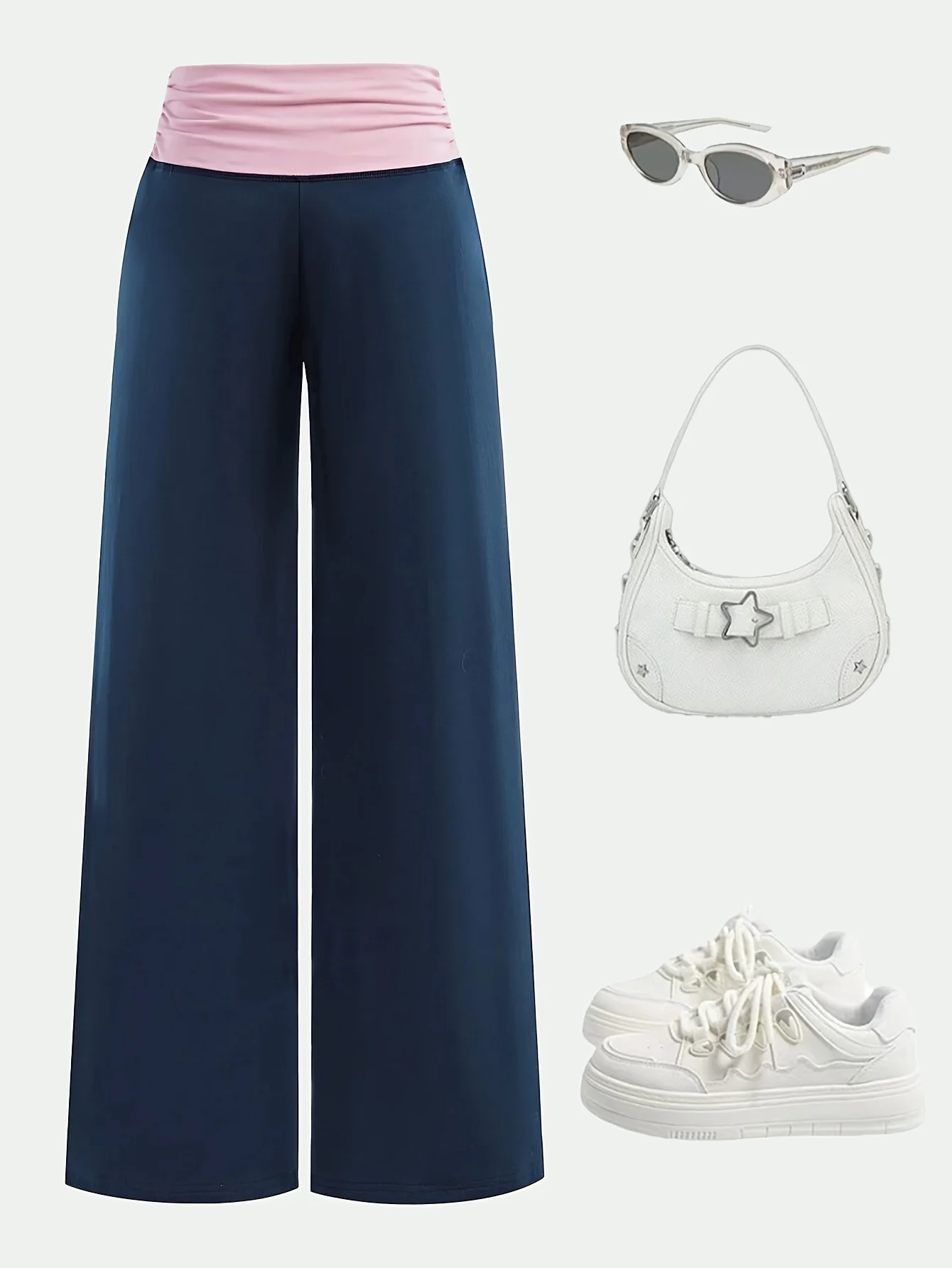 Detail 1 of Girls Contrast Waist Streetwear Wide Leg Sweatpants Spring Summer - SPUID 7552106074 by LUNORIANA
