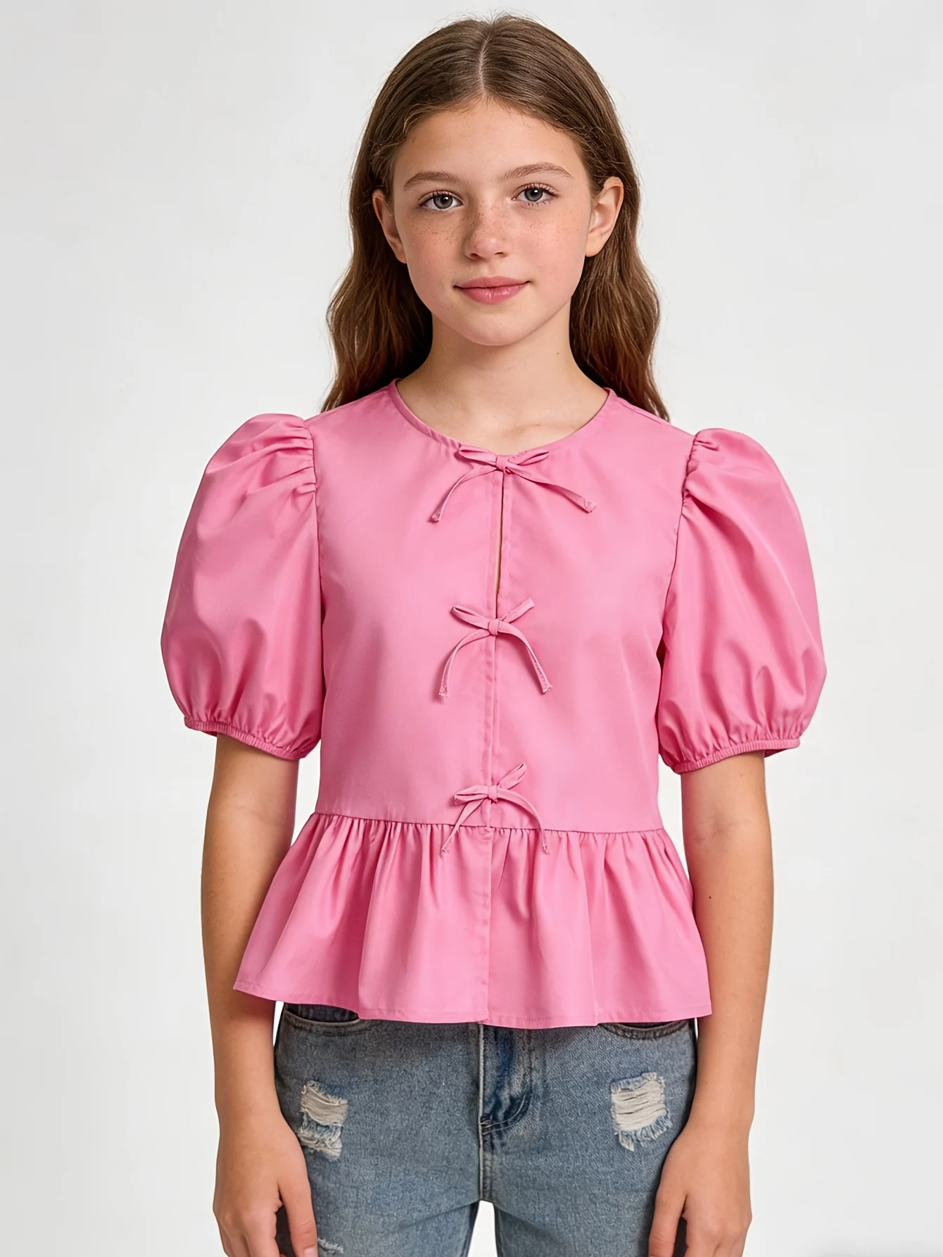 Girls Bow Solid Puff Sleeve Blouse Summer
