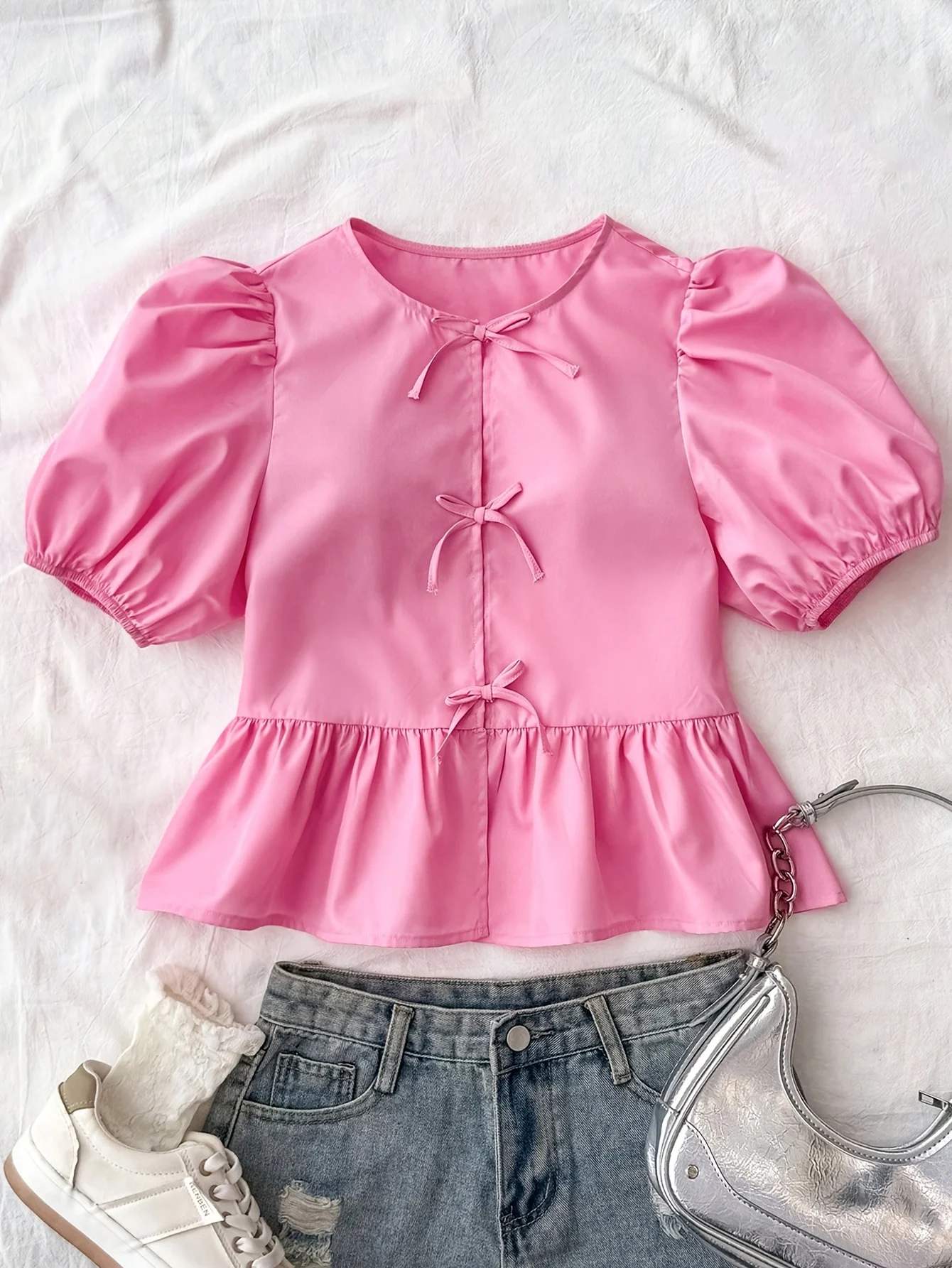 Detail 1 of Girls Bow Solid Puff Sleeve Blouse Summer by LUNORIANA