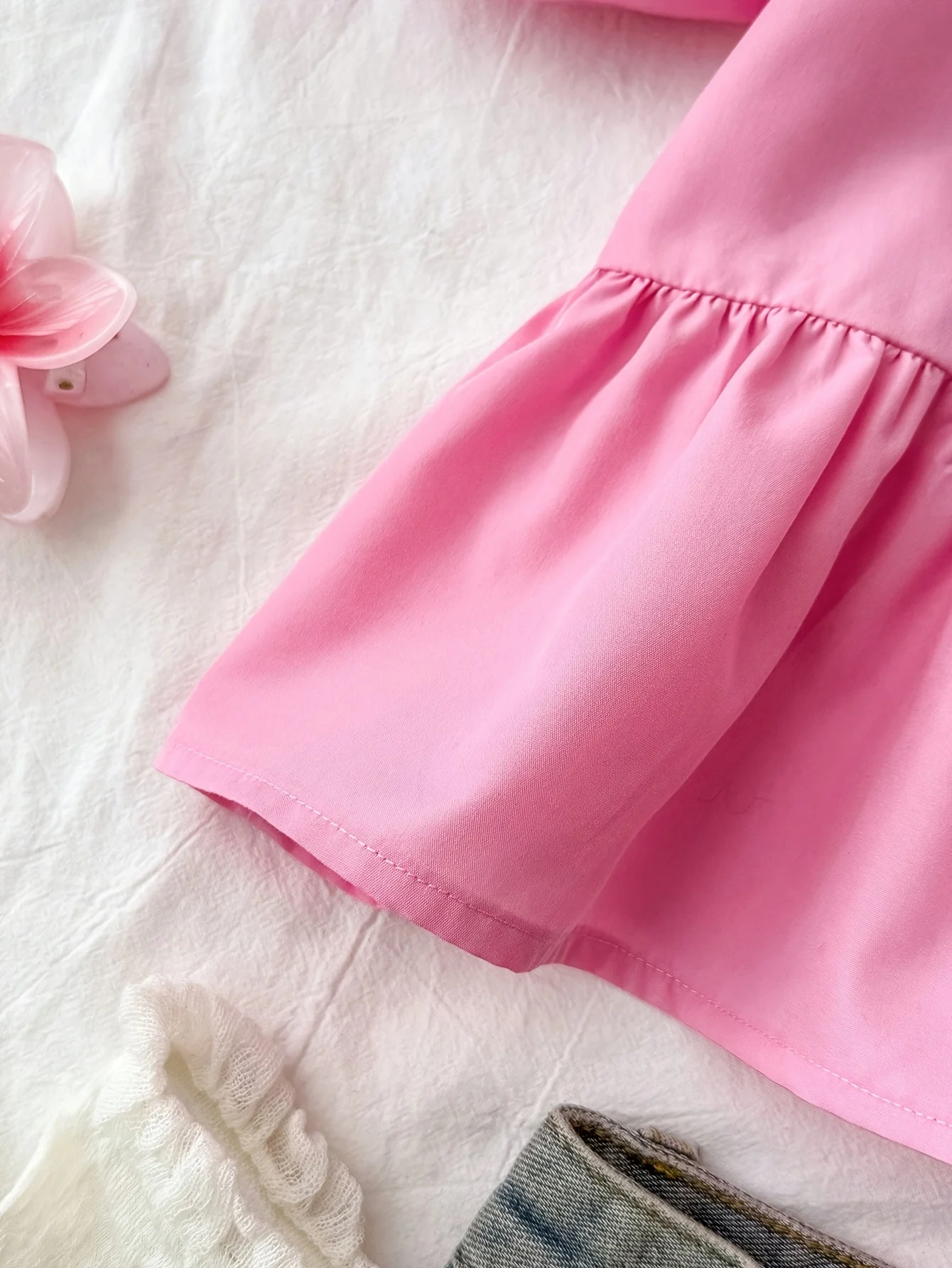 Detail 5 of Girls Bow Solid Puff Sleeve Blouse Summer by LUNORIANA