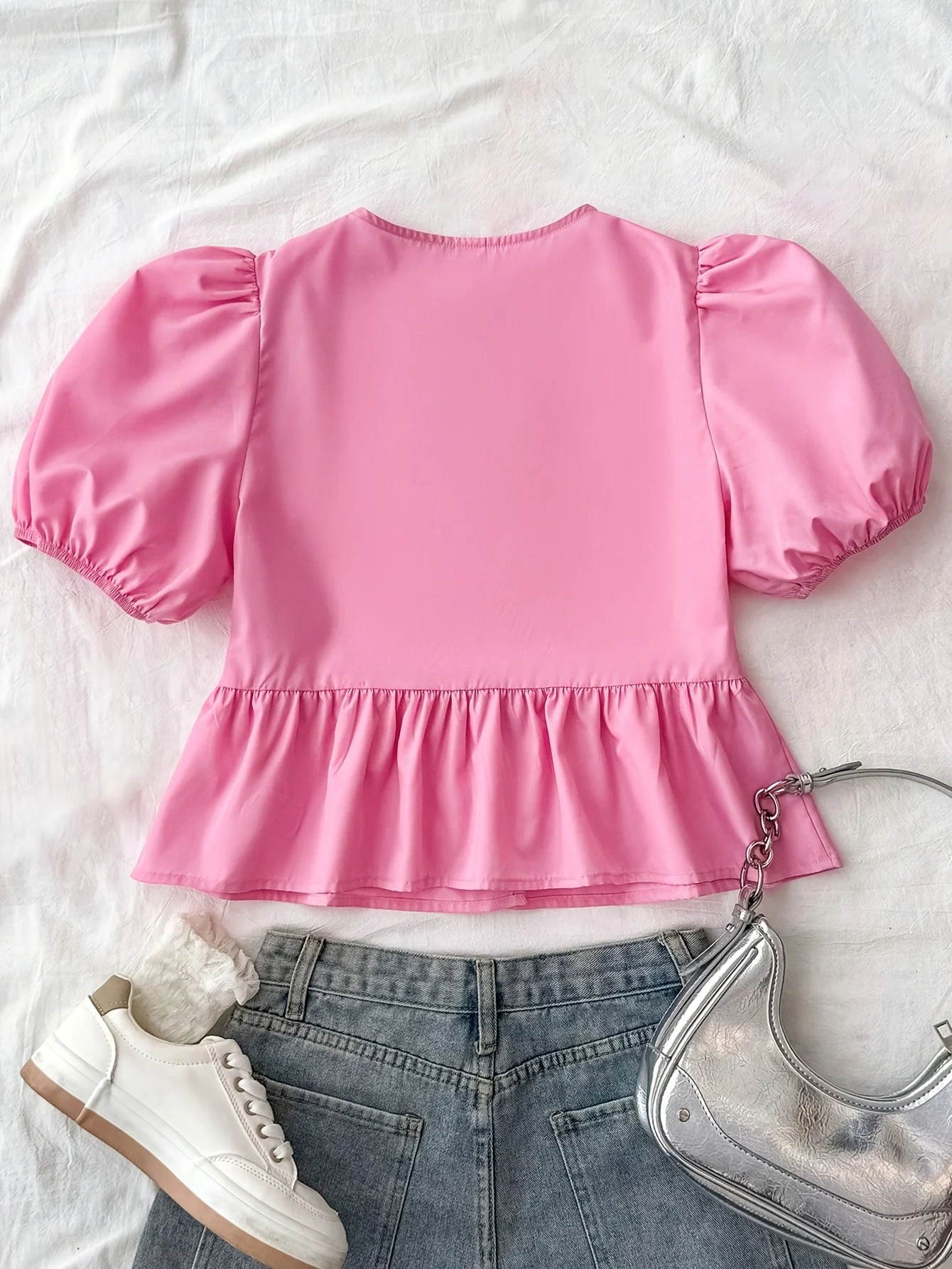 Detail 2 of Girls Bow Solid Puff Sleeve Blouse Summer by LUNORIANA