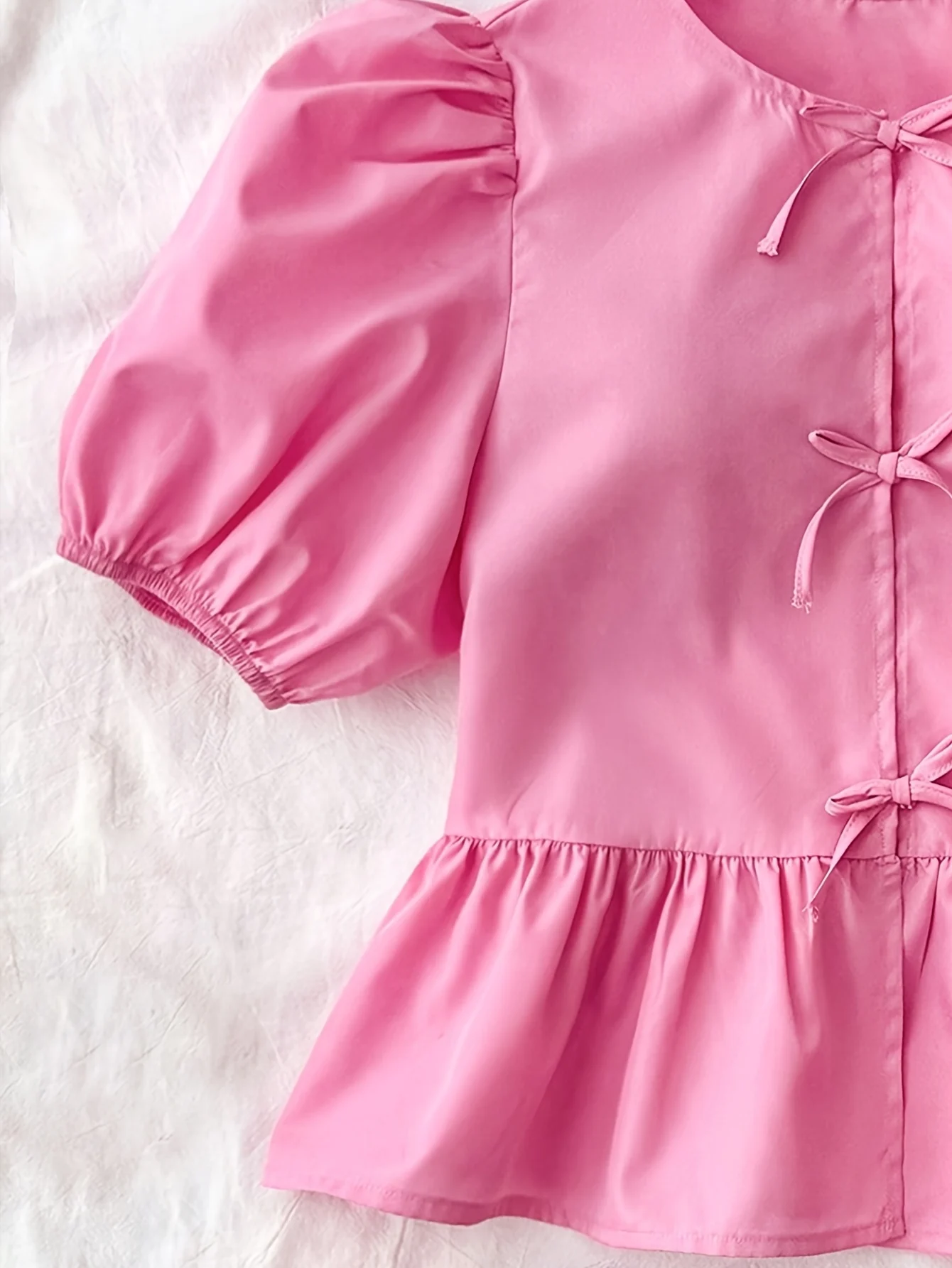 Detail 3 of Girls Bow Solid Puff Sleeve Blouse Summer by LUNORIANA