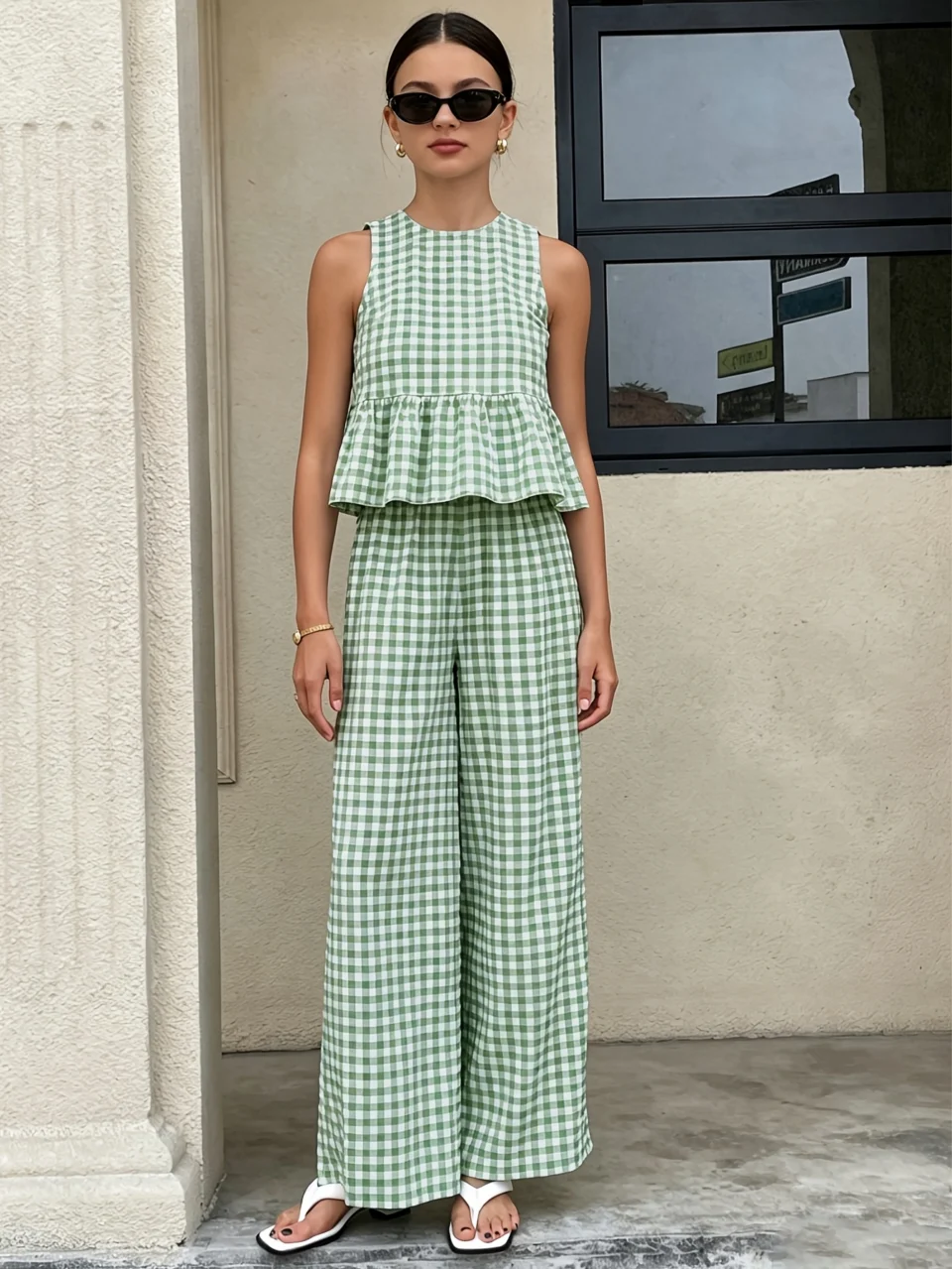Girls Plaid Ruffle Plaid Sleeveless Top Pants 2-Piece Set Spring Summer