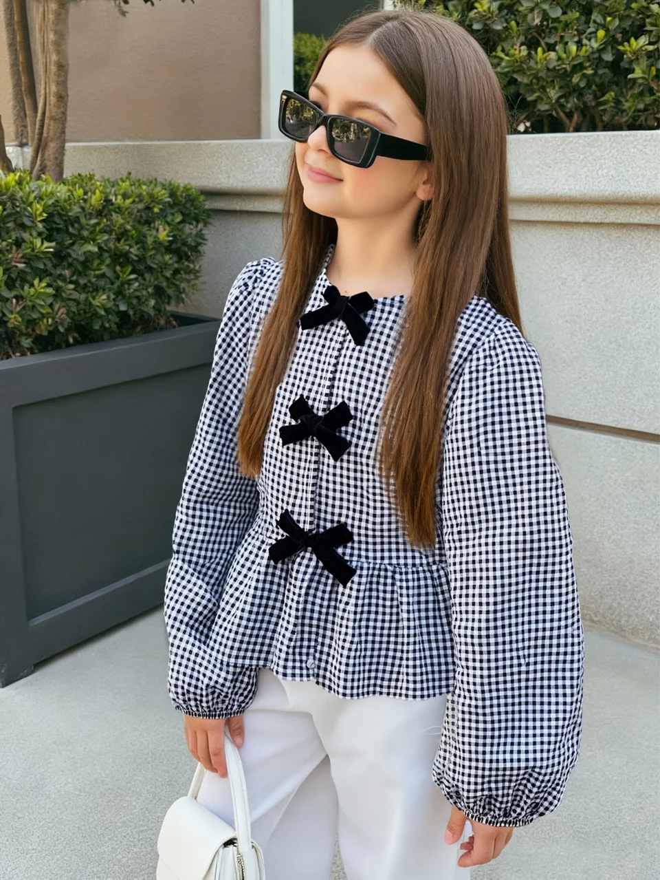 Girls Gingham Bow Puff Sleeve Top Spring Summer