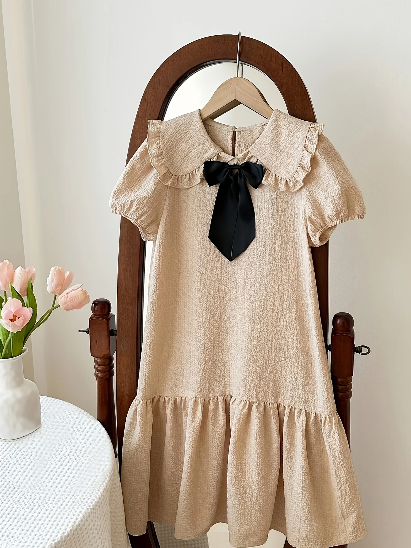 Girls Bow Doll Collar Puff Sleeve Dress Spring Summer