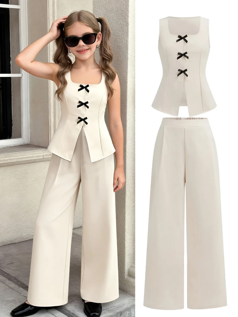 Girls Bow Split Hem Vest Wide Leg Pants 2-Piece Set Spring Summer