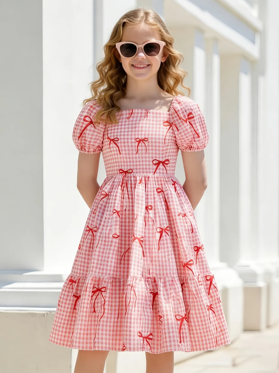 Girls Gingham Bow Puff Sleeve Dress Spring Summer