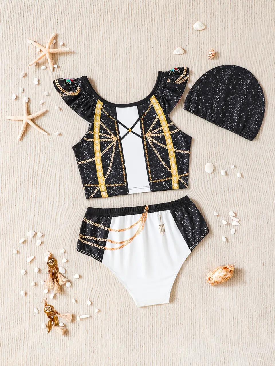 Girls Pop Star Print Flutter Sleeve Two-Piece Swimsuit