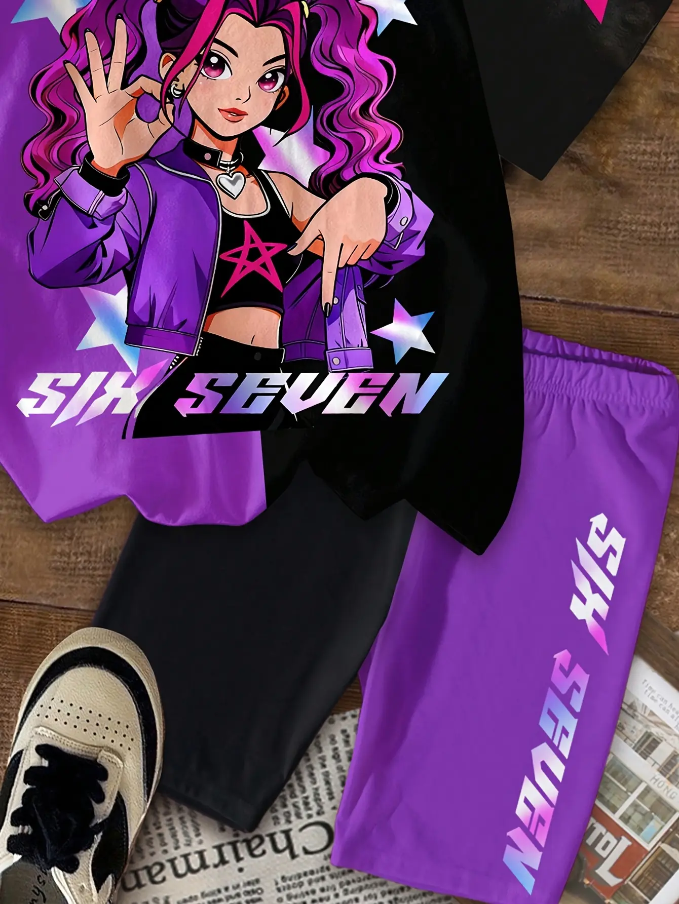 Detail view of Girls Cartoon Graphic T-Shirt and Shorts 2-Piece Summer Set by LUNORIANA