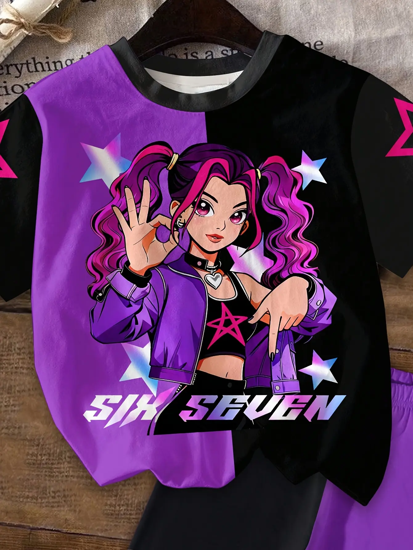 Detail view of Girls Cartoon Graphic T-Shirt and Shorts 2-Piece Summer Set by LUNORIANA