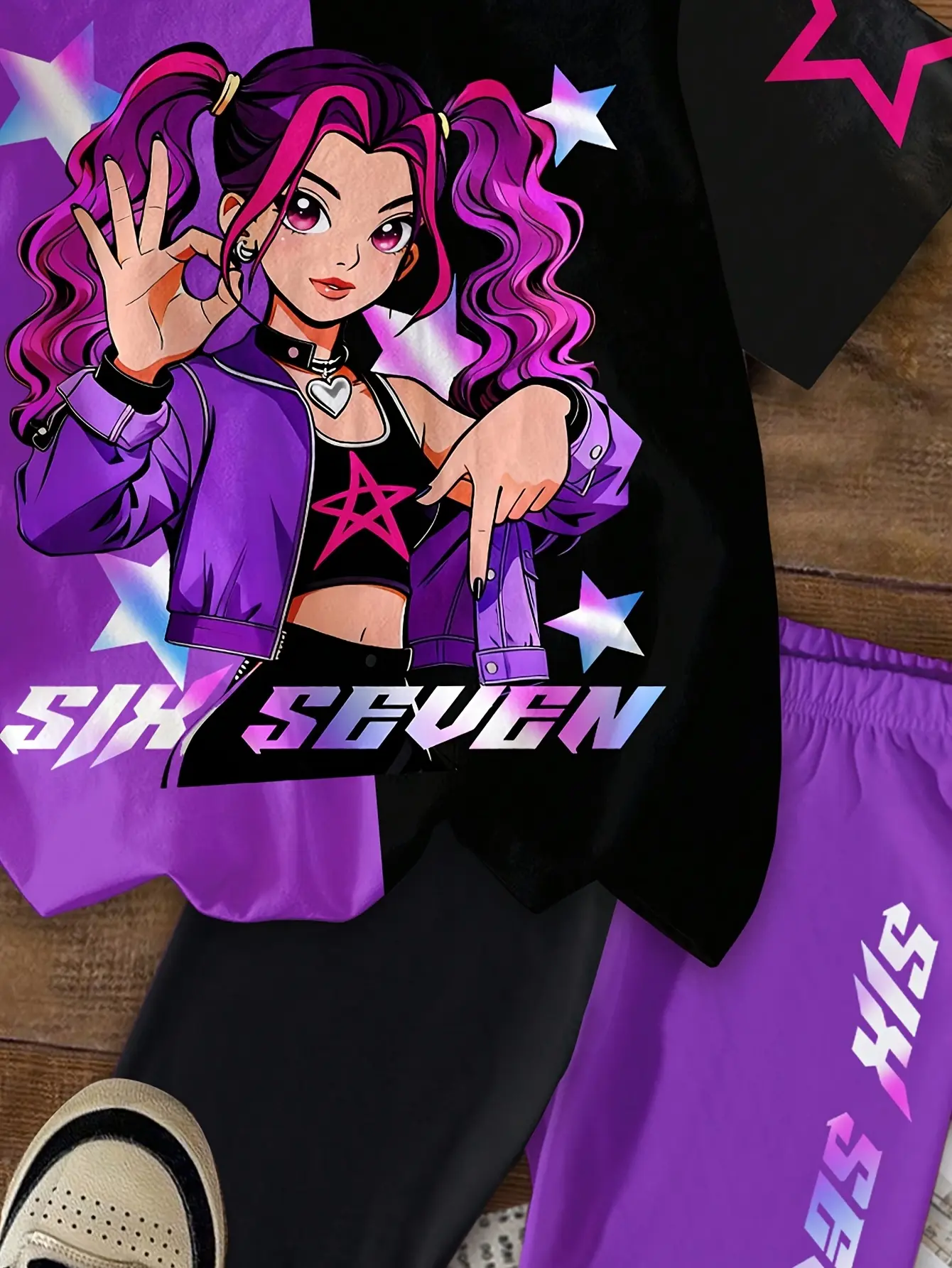 Detail view of Girls Cartoon Graphic T-Shirt and Shorts 2-Piece Summer Set by LUNORIANA