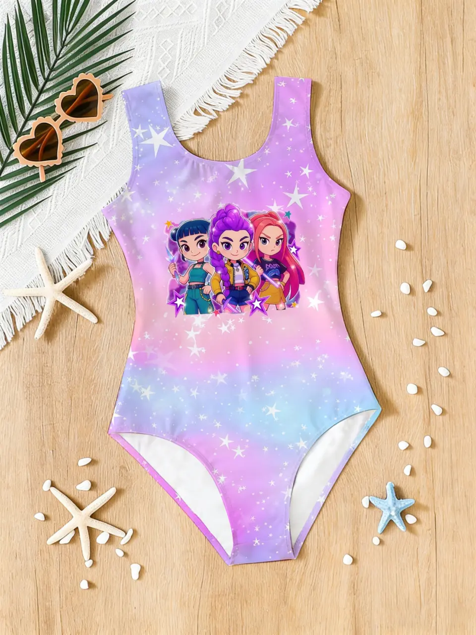 Girls Music Star Print One-Piece Swimsuit, Stretch Swimwear