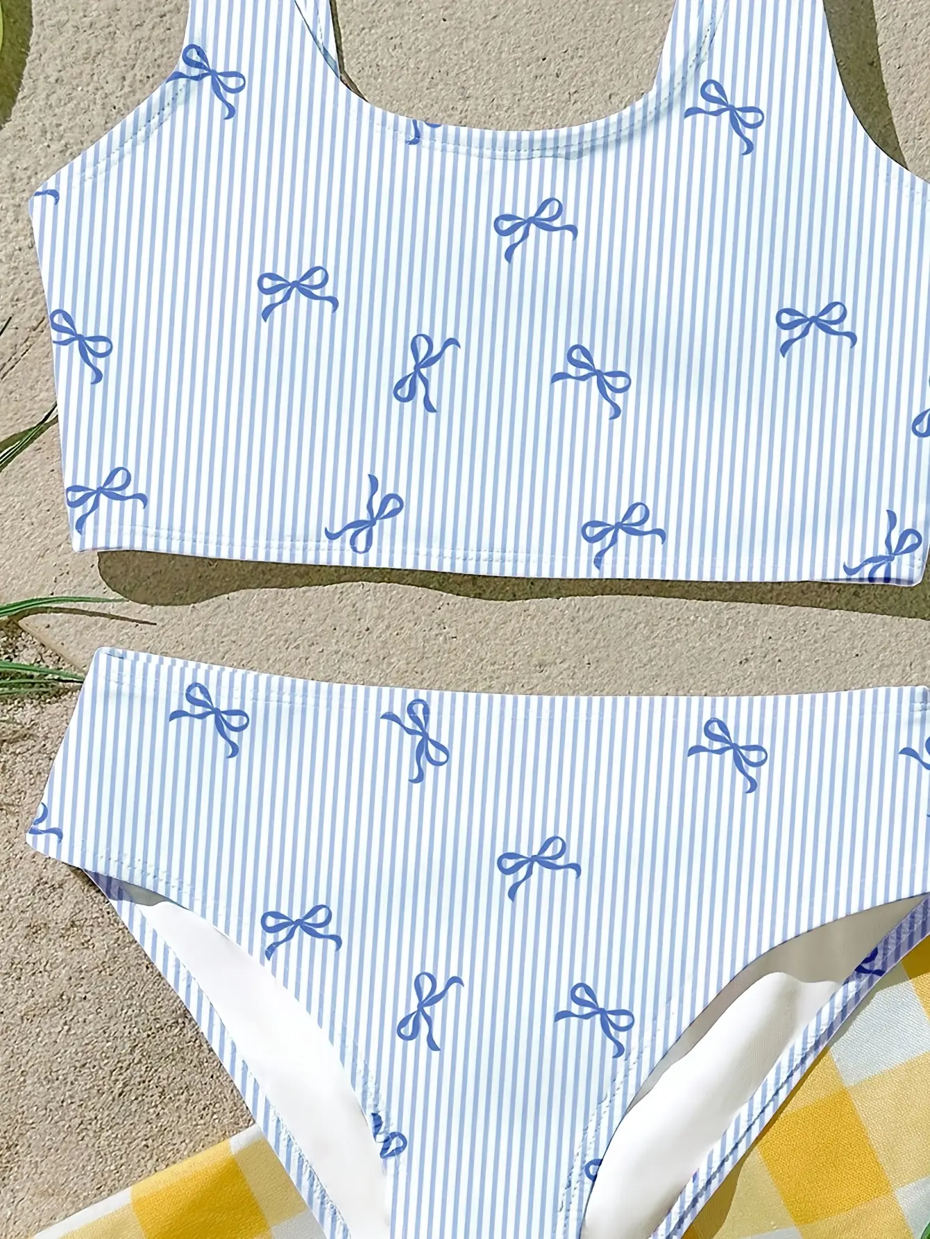 Detail view of Girls Blue Bow Stripe Tankini Swimsuit 2-Piece Set by LUNORIANA