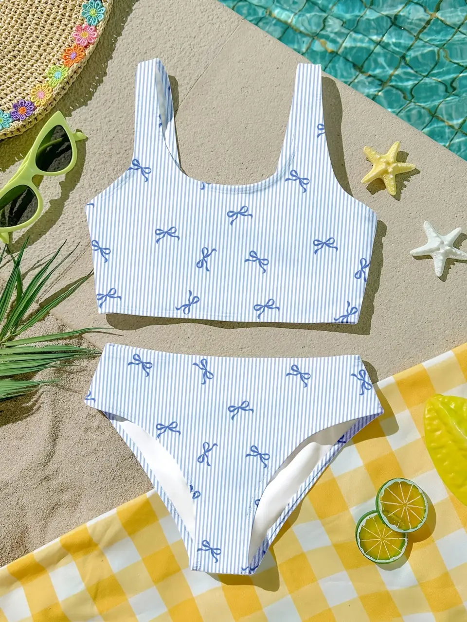 Girls Blue Bow Stripe Tankini Swimsuit 2-Piece Set