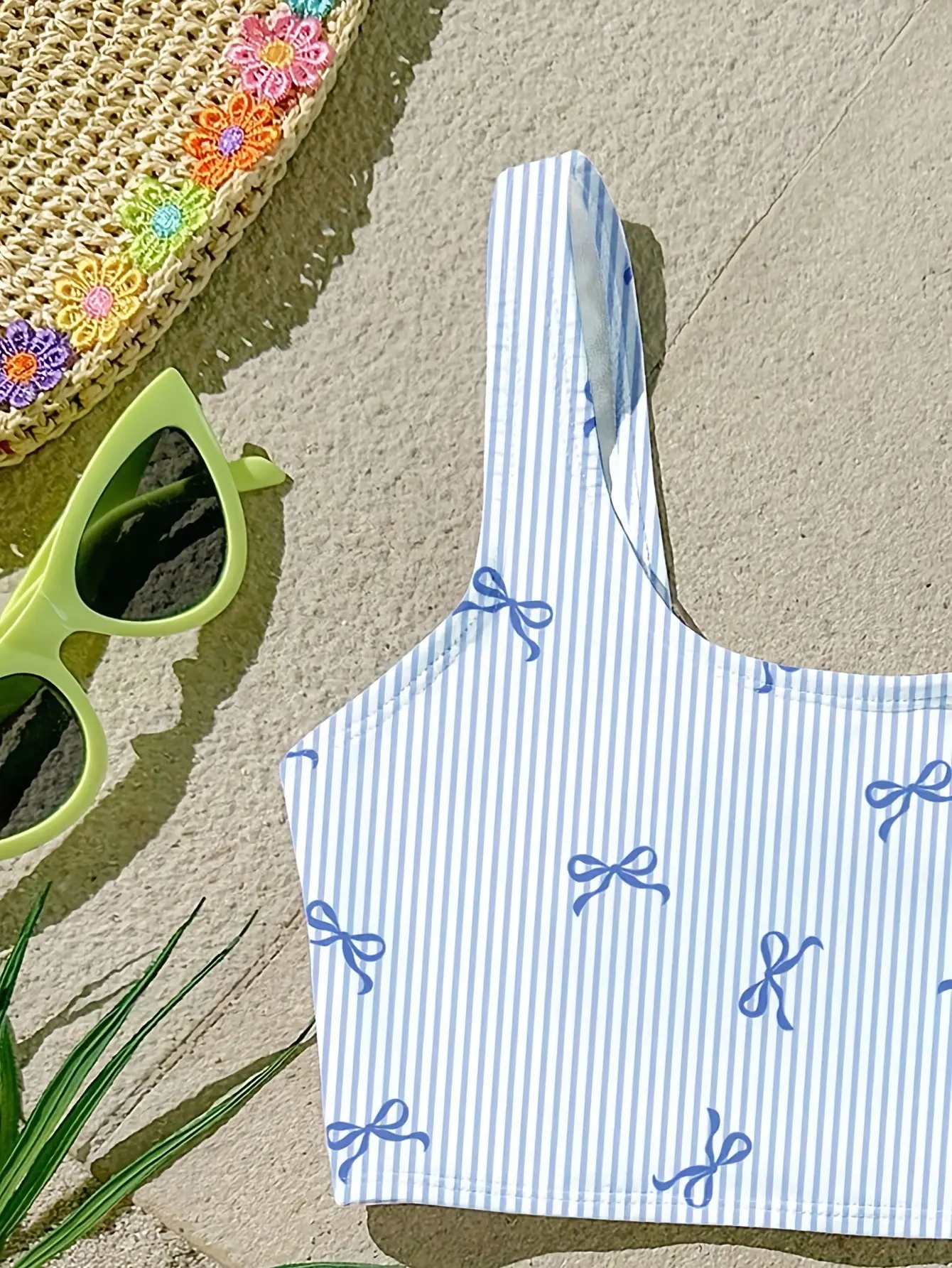 Detail view of Girls Blue Bow Stripe Tankini Swimsuit 2-Piece Set by LUNORIANA